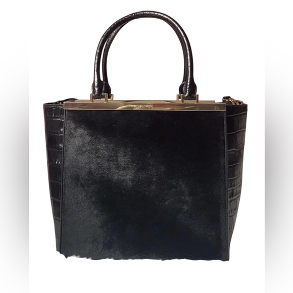 MICHAEL KORS LANA BLACK LEATHER CALF HAIR BLACK CROC ACCENT LARGE TOTE, Vintage - Picture 2 of 15
